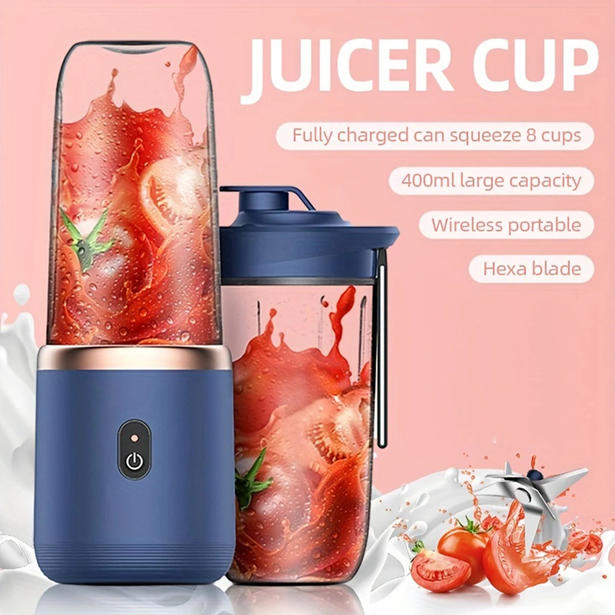 Portable 400ml blue juicer cup with a gold rim, hexa blade, and wireless charging design on a pink background.