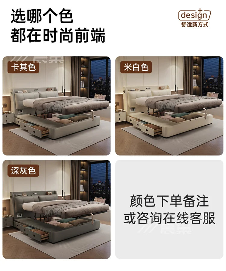 Modern upholstered storage beds shown in cream, beige, and grey, featuring a lift-up frame and built-in drawer storage.