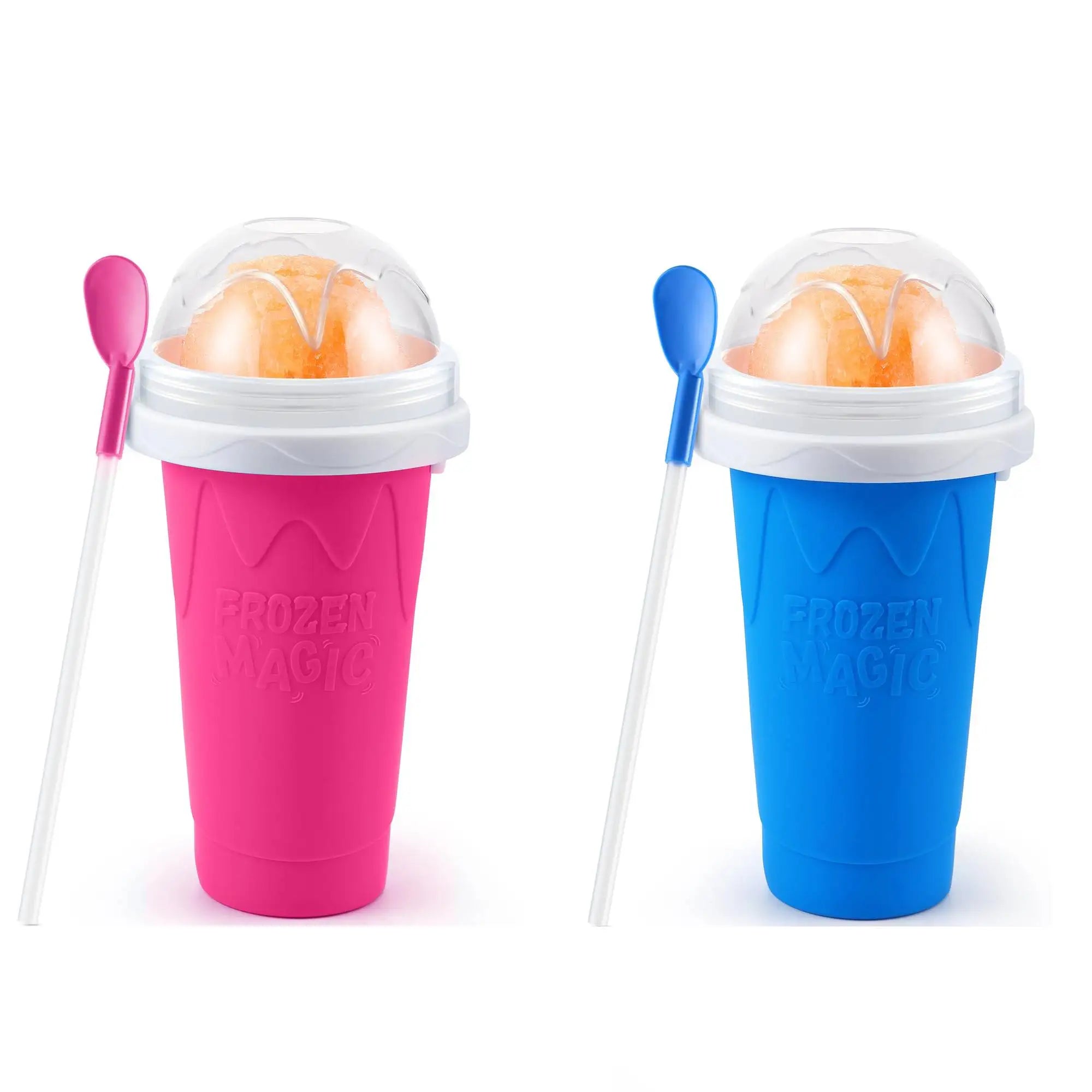 Two slushy maker cups in pink and blue, featuring clear dome lids, white rims and matching spoons for frozen treats.