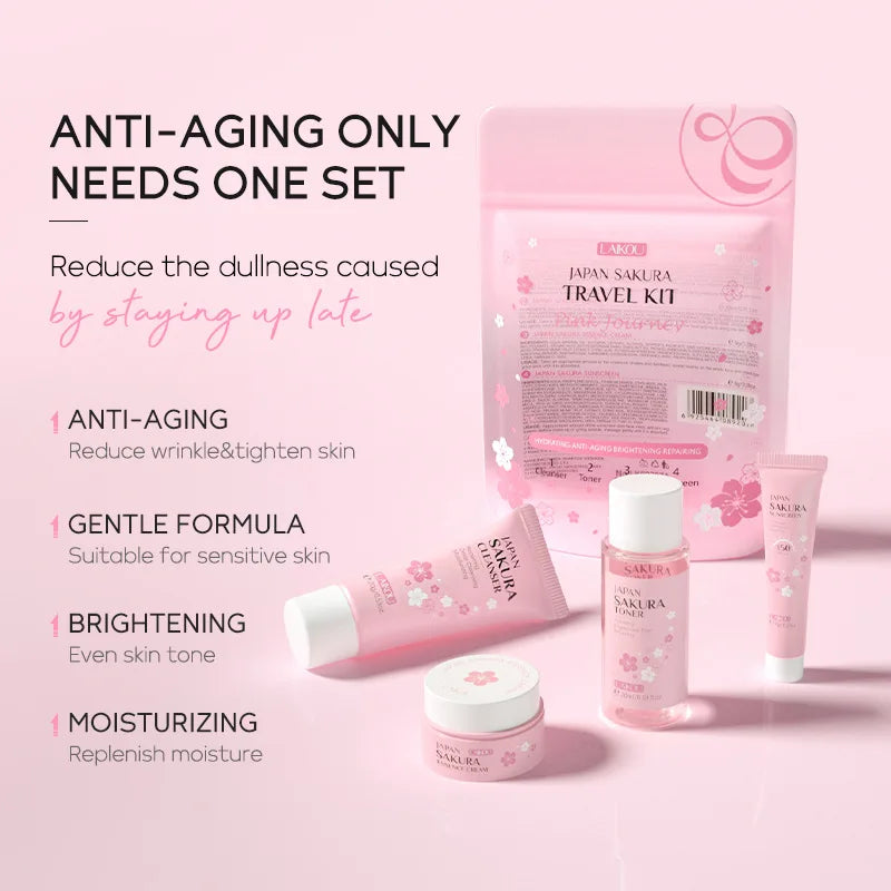 Pink anti-aging skincare travel kit featuring a cleanser, toner, cream, and sunscreen in a matching floral pouch.