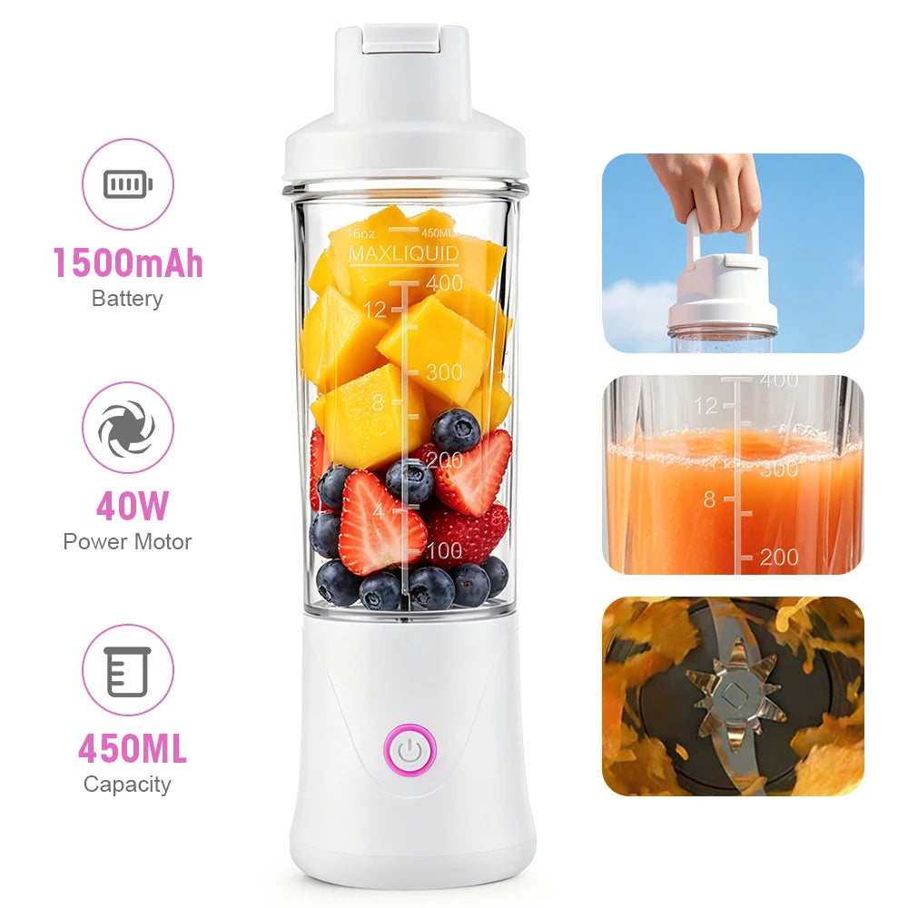 White portable electric blender with a 450ml capacity, filled with fruit, showing battery, motor, and blade details.