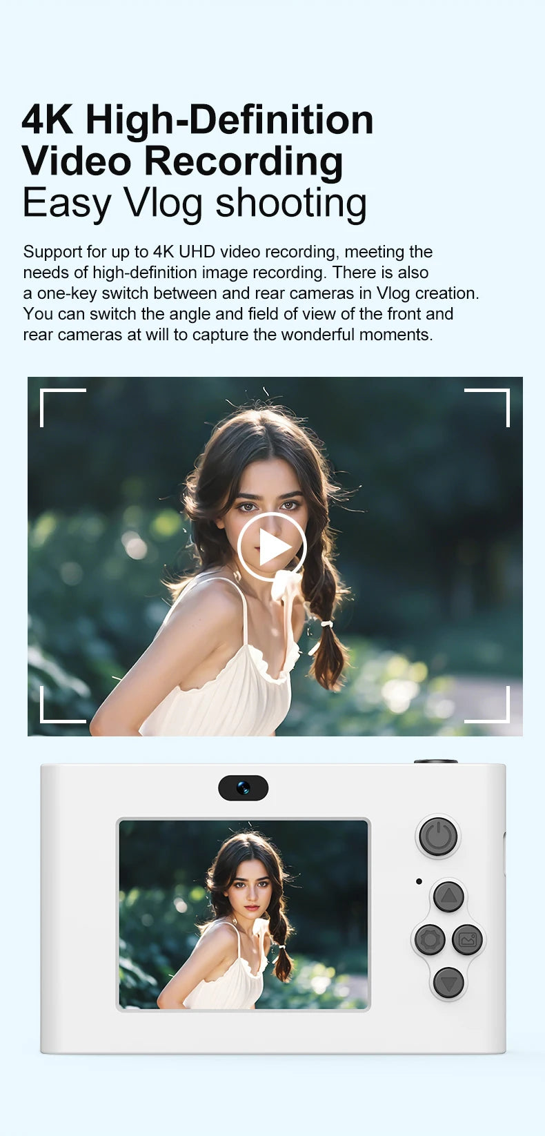 White plastic compact vlog camera with 4K recording, LCD screen, and rear navigation buttons.