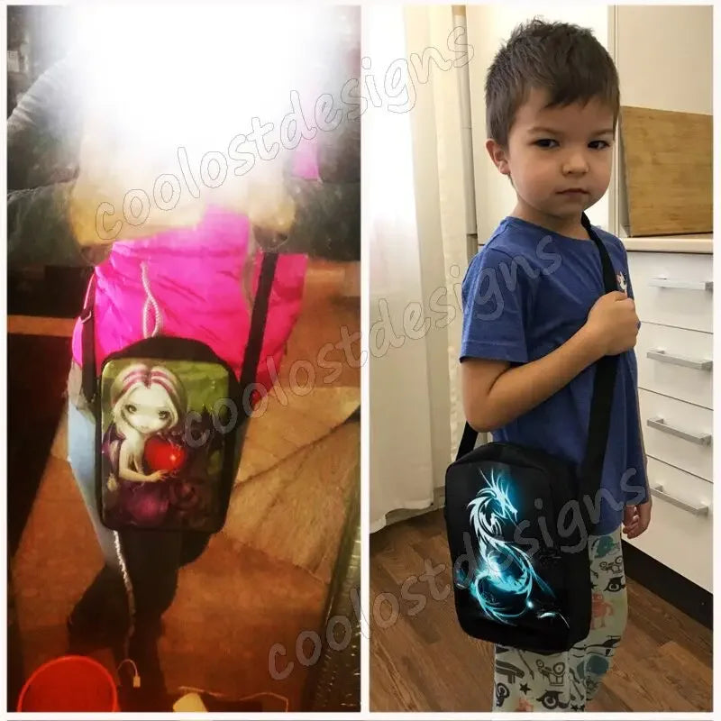 Black rectangular crossbody bags with adjustable straps, featuring graphic prints of a fantasy girl or blue dragon.