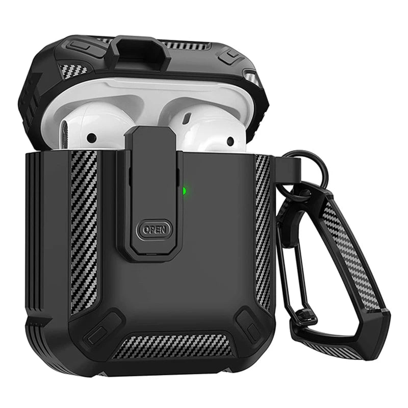 Rugged black carbon-fibre style protective case for AirPods with locking latch and carabiner clip.