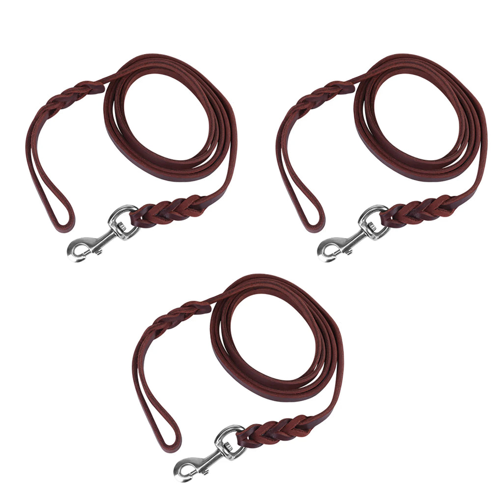 Three coiled, dark brown leather dog leads with braided details and silver metal trigger clips.