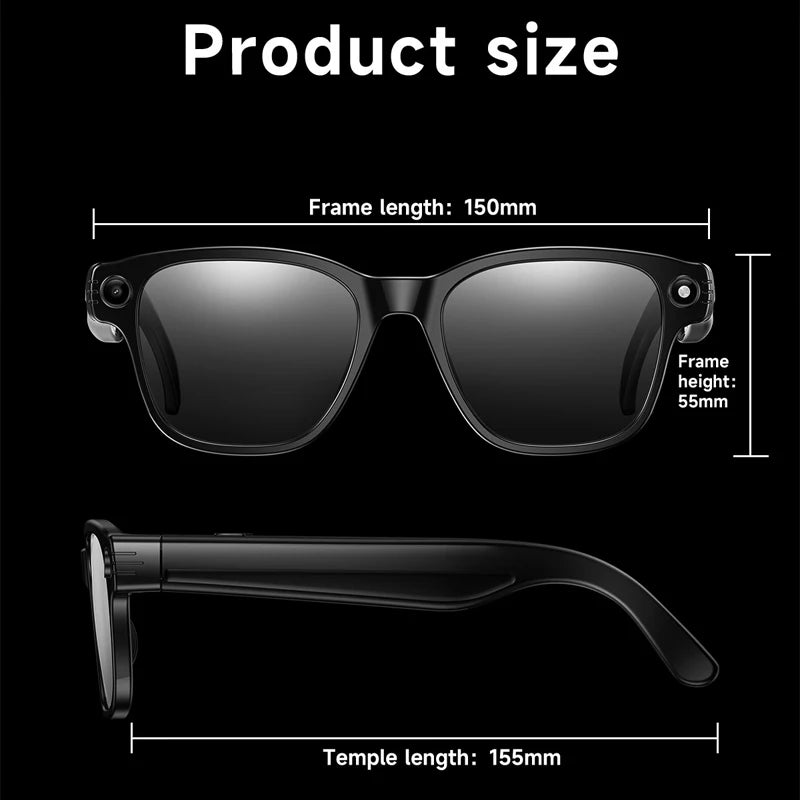 Black smart glasses with integrated cameras, shown from front and side profiles with technical dimension measurements.
