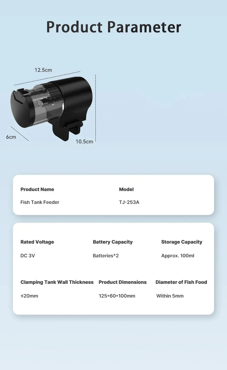 Black automatic fish tank feeder with a clear food container and mounting clip, shown with product dimension specs.