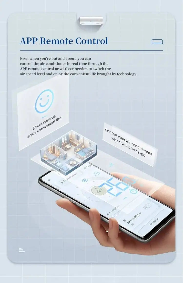 Hand holding a smartphone showing an AC control app, with a 3D home floor plan and white wall-mounted air conditioner.