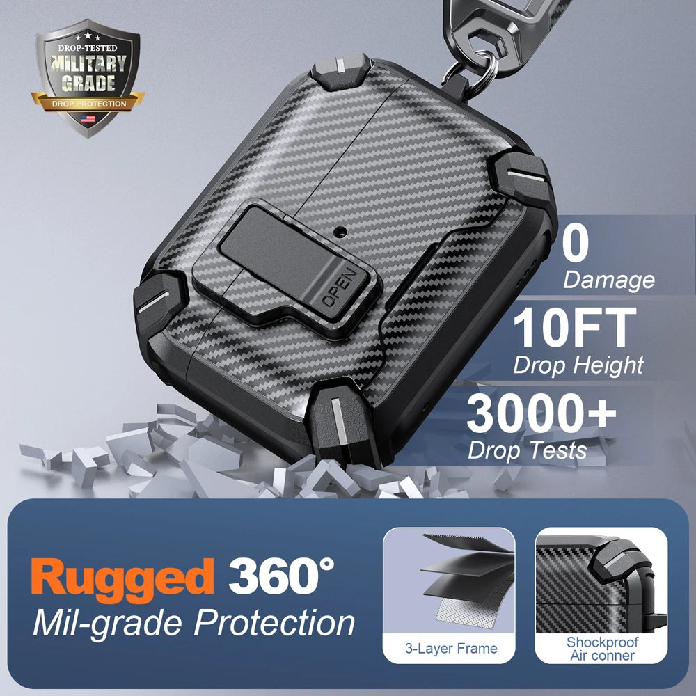 Rugged carbon-fibre style AirPods case in black with a locking latch, carabiner, and military-grade drop protection.