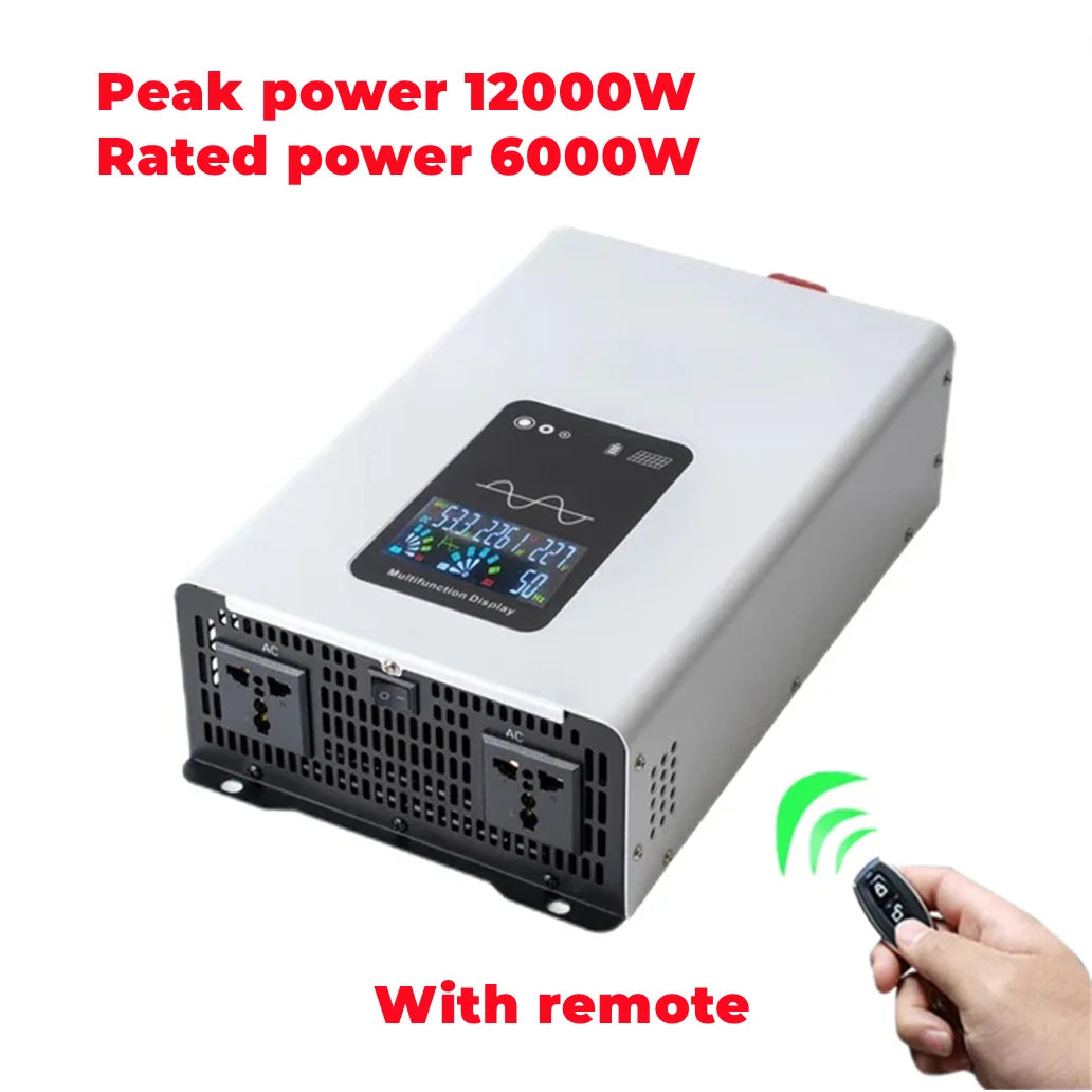 Silver pure sine wave power inverter with digital display, two AC outlets, and a wireless remote control.