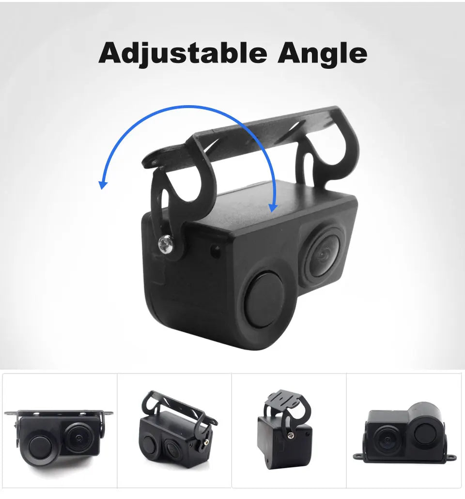 Black vehicle backup camera with night vision and parking sensor, featuring an adjustable mounting bracket.
