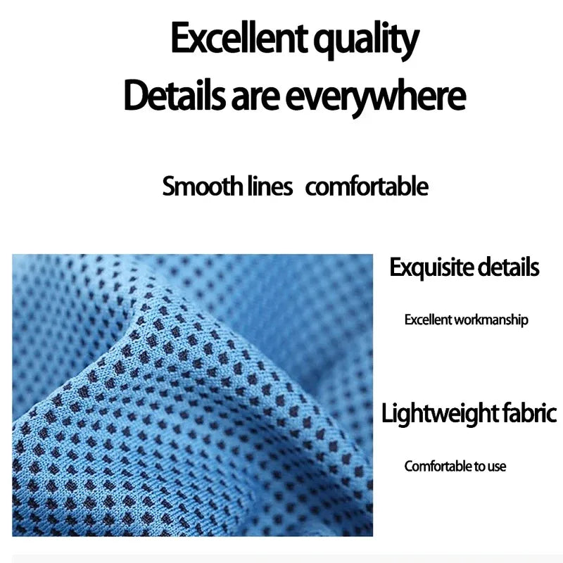 Close-up of blue, lightweight, breathable mesh fabric with a textured grid pattern.