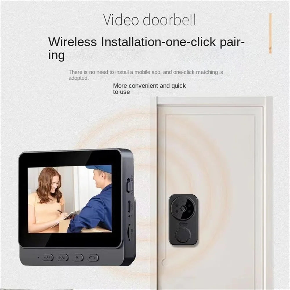 Wireless black video doorbell with indoor monitor screen displaying a visitor, featuring easy one-click pairing.
