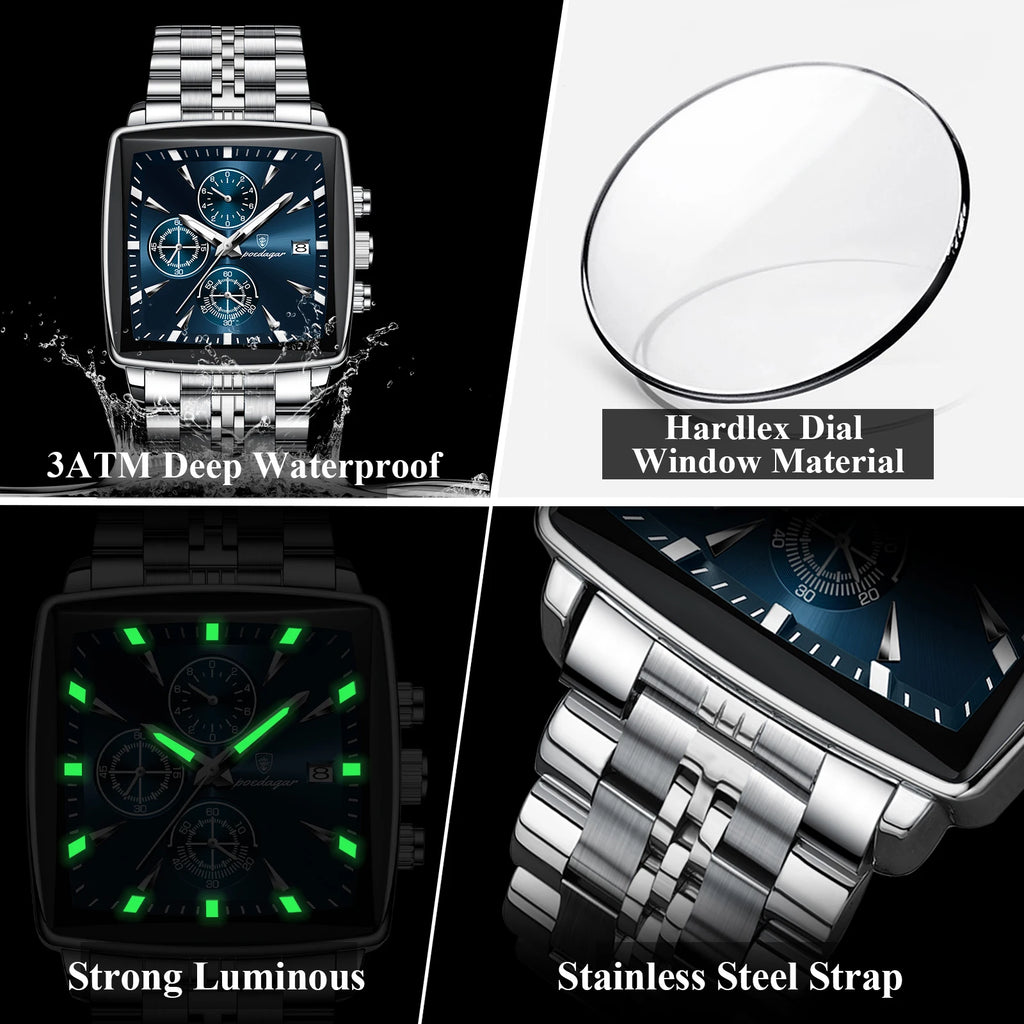POEDAGAR square men's watch in silver with blue dial, chronograph, luminous hands, and stainless steel strap.