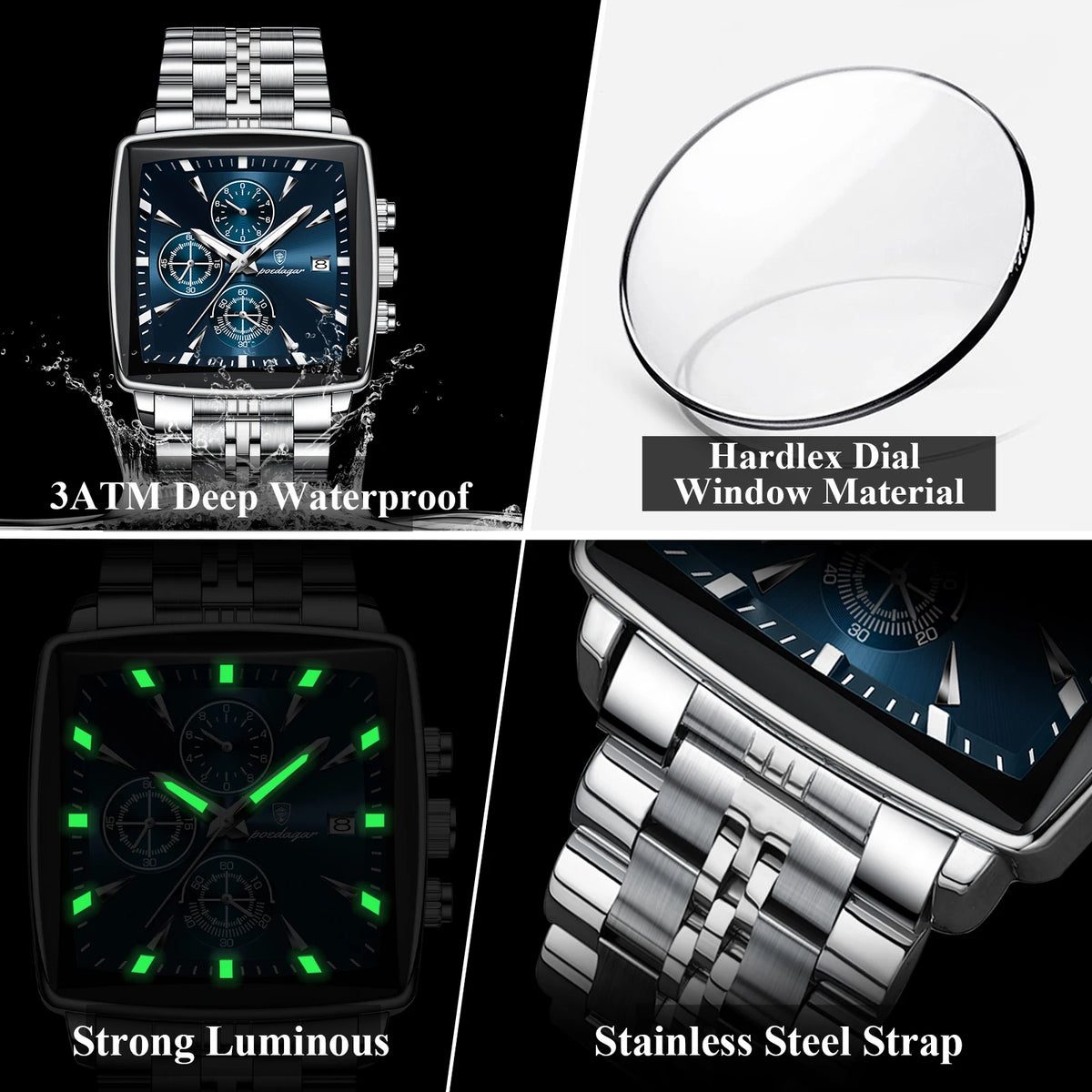 POEDAGAR square men's watch in silver with blue dial, chronograph, luminous hands, and stainless steel strap.