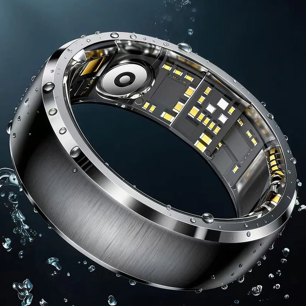 Sleek brushed silver smart fitness ring, showing internal health sensors and water droplets on a dark background.