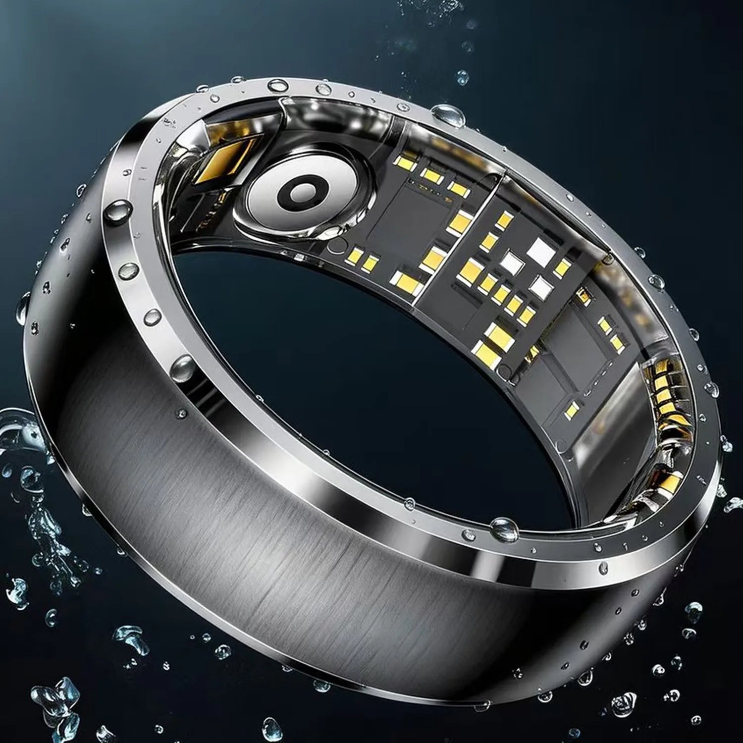 Sleek brushed silver smart fitness ring, showing internal health sensors and water droplets on a dark background.