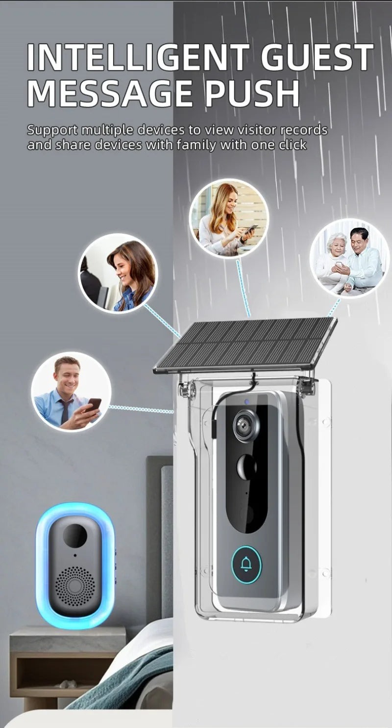 Grey wireless video doorbell with solar panel, protective rain cover, and a matching doorbell chime with blue light.