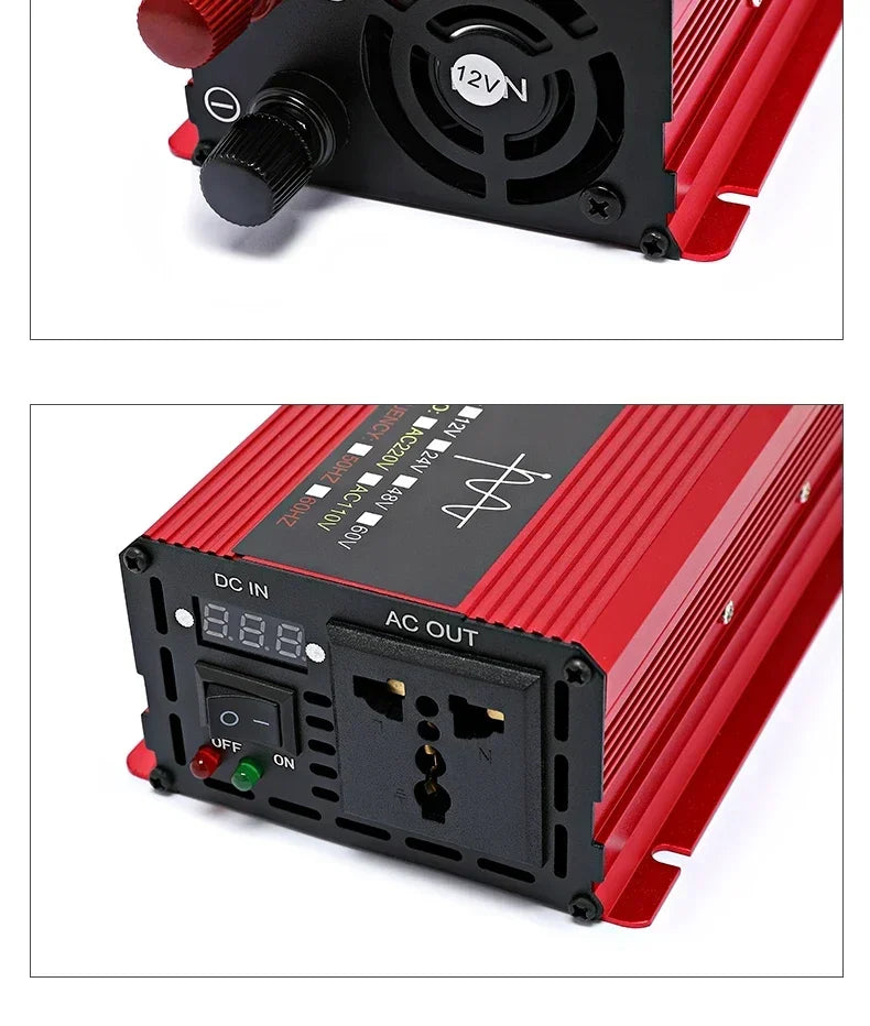 Red car power inverter featuring a cooling fan, digital display, AC outlet, and power switch on a ribbed metal casing.