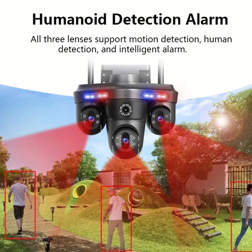 Black outdoor security camera with three lenses and red warning lights, tracking people in a garden.