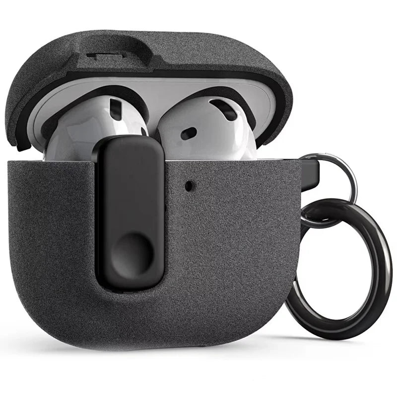 Charcoal grey textured protective case for Apple AirPods, featuring a secure clasp and attached metal carabiner ring.