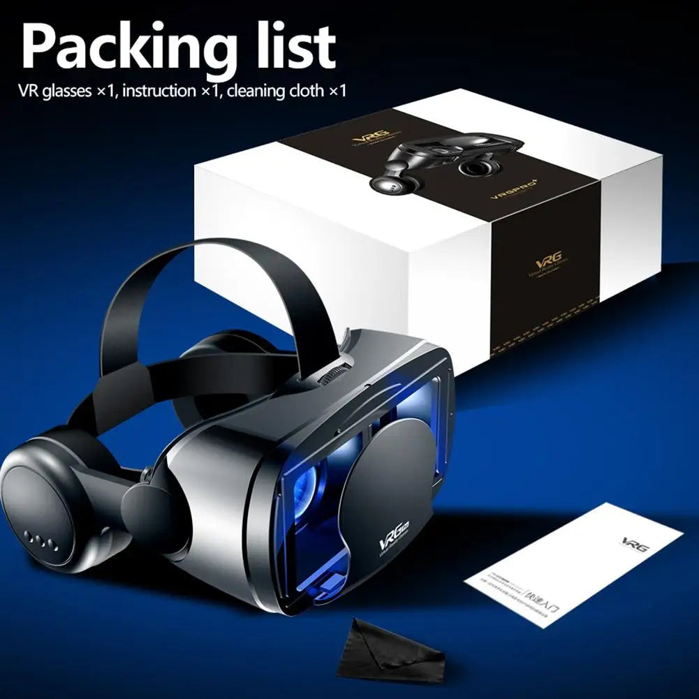 Black VR headset with integrated headphones, shown with its white retail box, manual, and cleaning cloth.