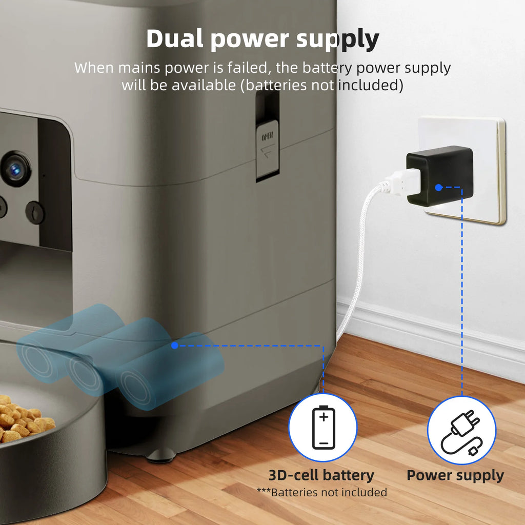 Gray automatic pet feeder with dual power supply, showing wall plug and battery compartment on a wooden floor.