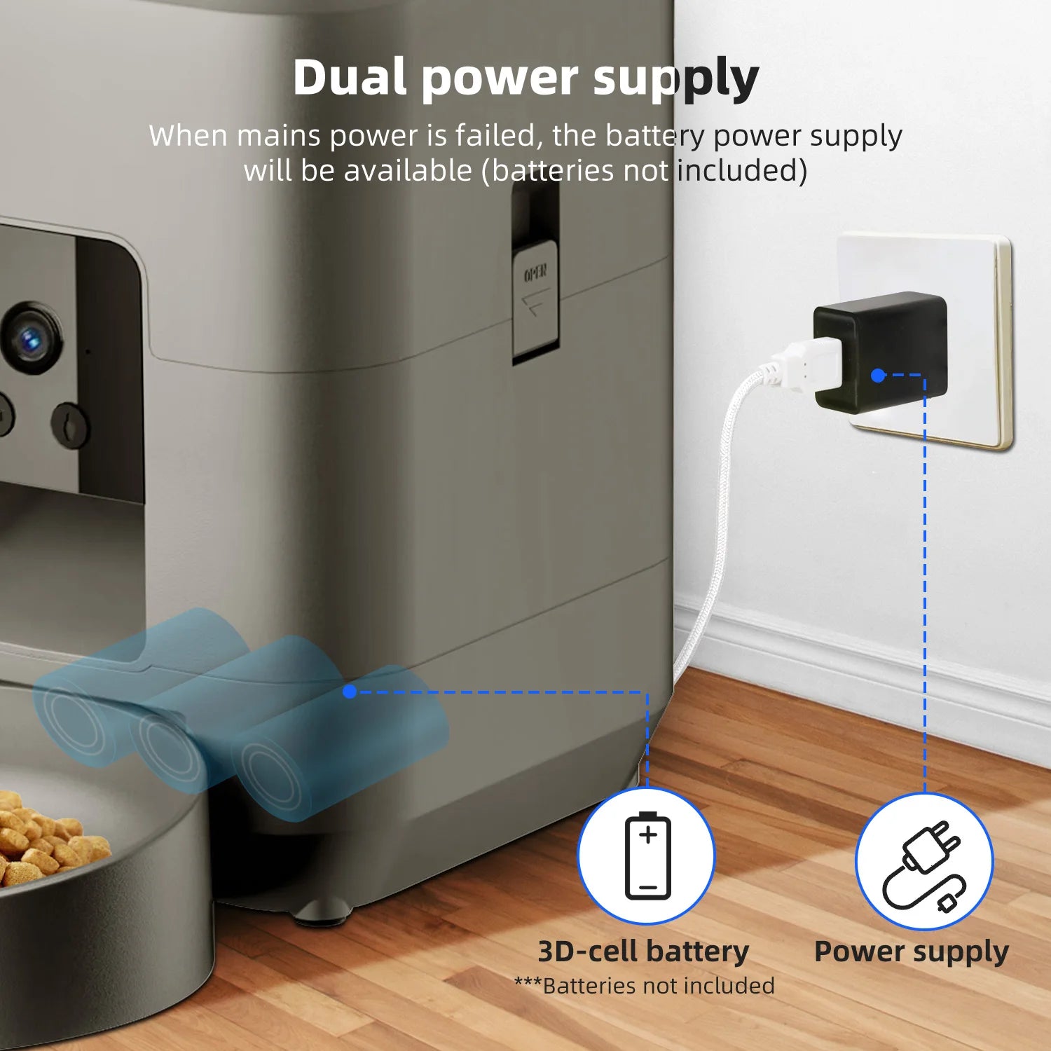 Grey automatic pet feeder with camera, showing dual power supply via wall plug or 3D-cell batteries.