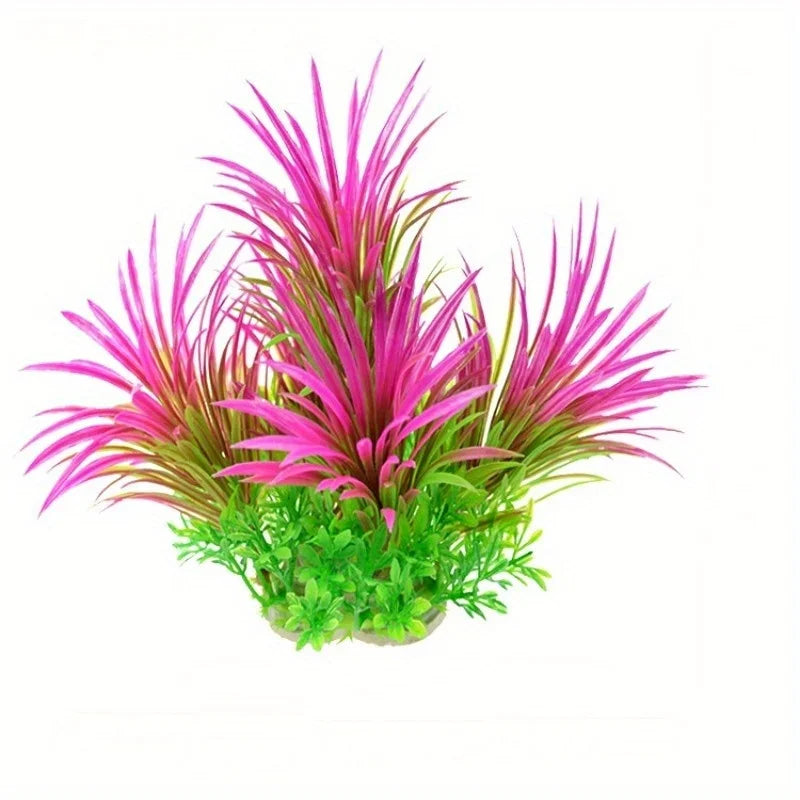 Artificial aquarium plant with tall, vibrant pink, spikey leaves and a base of small, bright green foliage.