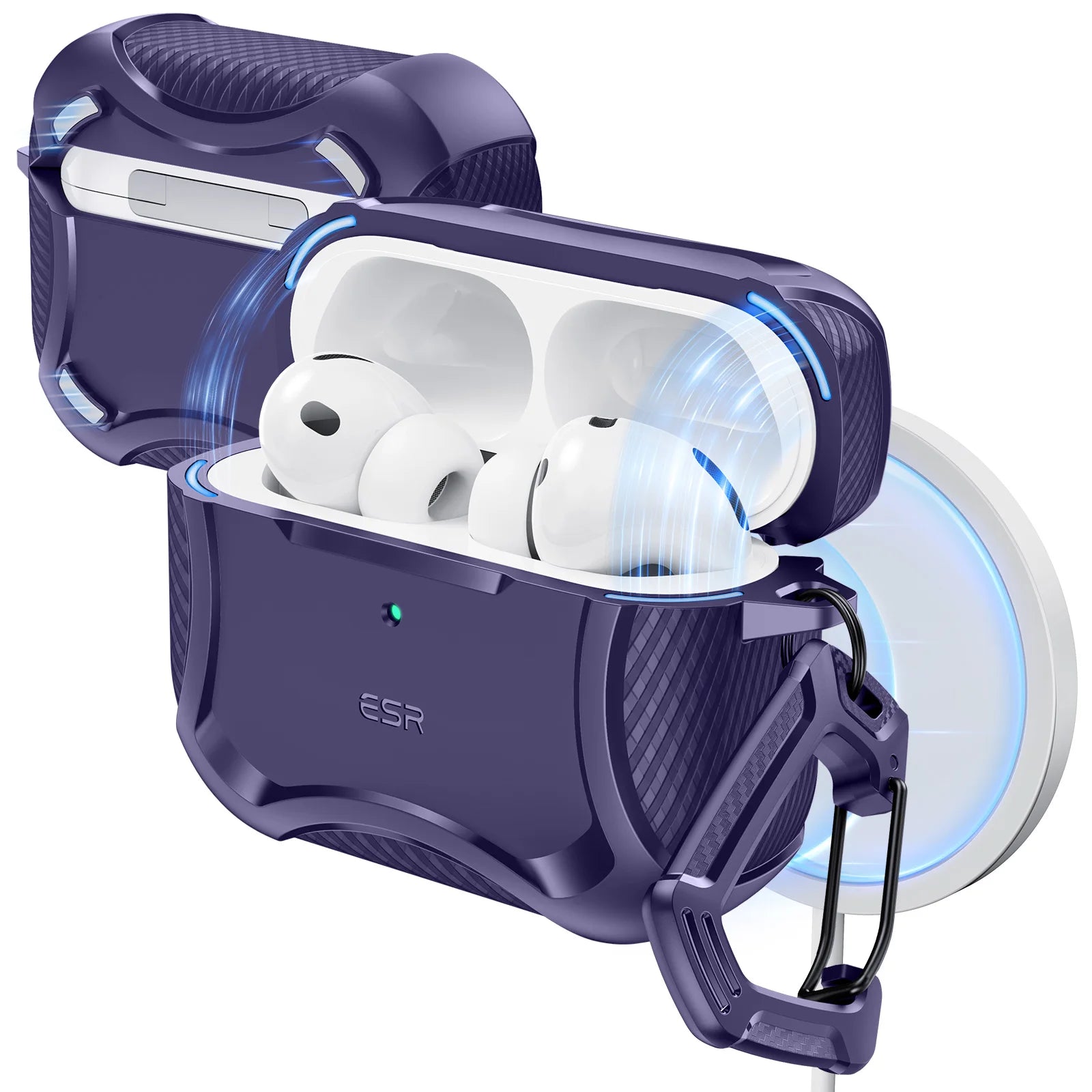 Rugged purple protective case for AirPods Pro, featuring a textured design and carabiner clip.