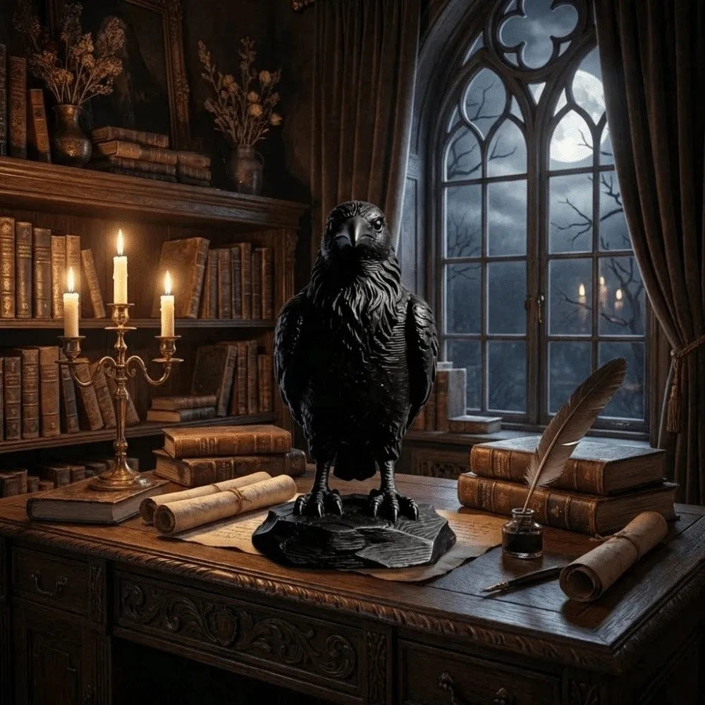 A detailed black raven statue standing on a rocky base, positioned on a dark wooden study desk with old books.