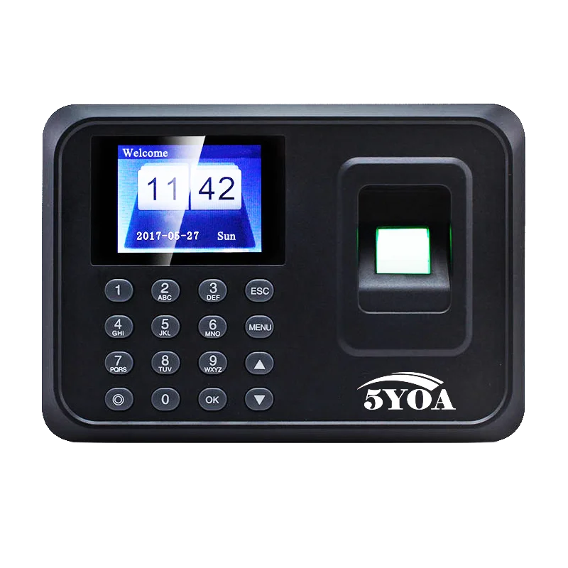 Black plastic attendance machine with a digital screen, number keypad, and integrated fingerprint scanner.