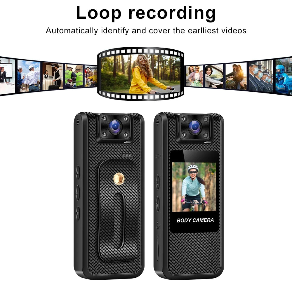 Black, textured plastic body camera with a screen, camera lens, and belt clip, displaying loop recording features.