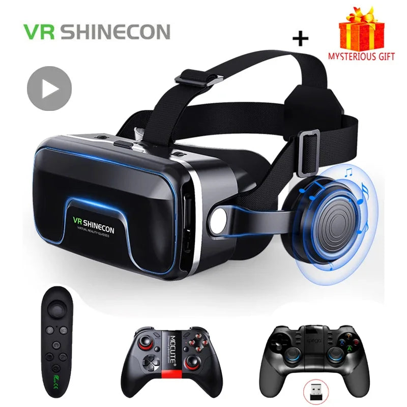 Black VR headset with integrated headphones, a remote, and two game controllers on a white background.