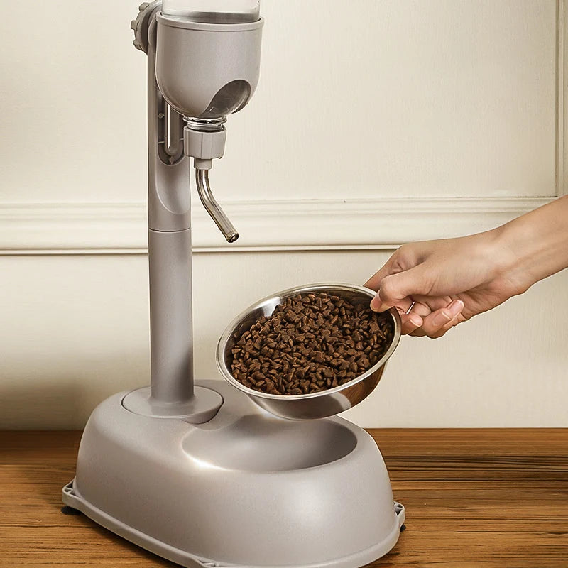Grey plastic automatic pet feeder with a water bottle and a hand placing a stainless steel food bowl.