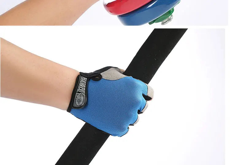 Blue and grey fingerless cycling gloves with a Velcro strap, worn while gripping a black handlebar.