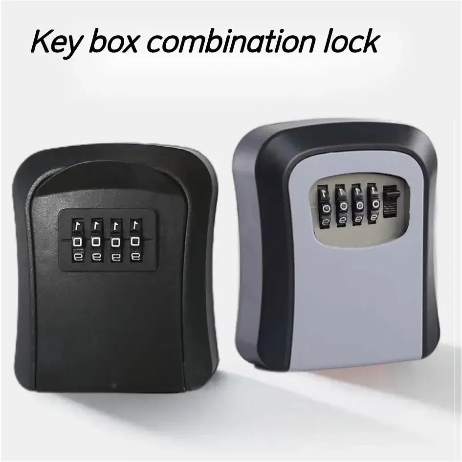 Two wall-mounted metal key lock boxes, one all-black and one black and grey, each with a 4-digit combination dial.