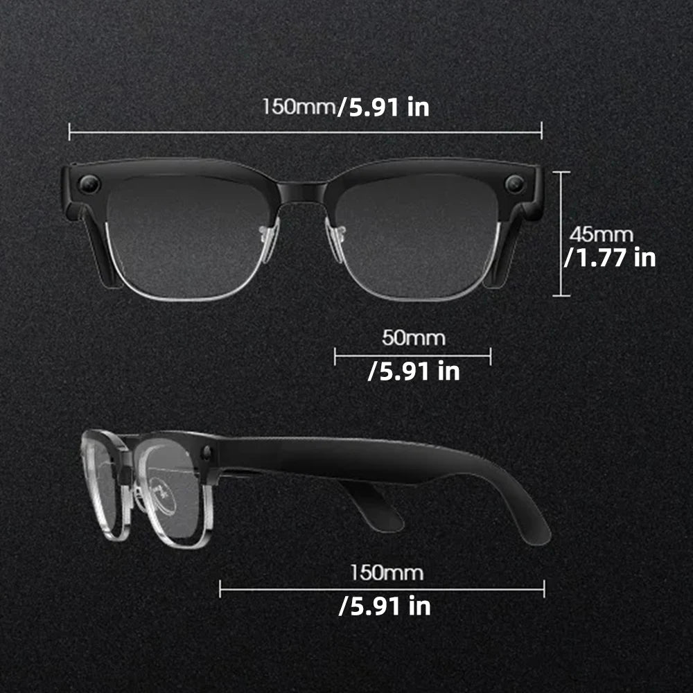 Black smart AI recording glasses with built-in cameras, shown from front and side angles with technical dimensions.