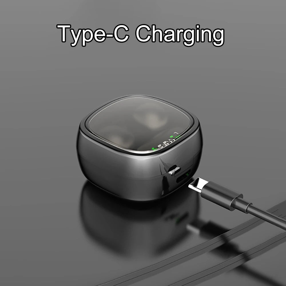 Wireless earbuds in a sleek, black metallic charging case with a transparent lid and Type-C charging cable.