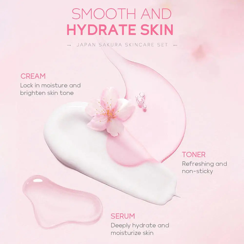 Sakura skincare set showing white cream, clear toner, and serum textures on a soft pink background with a cherry blossom.