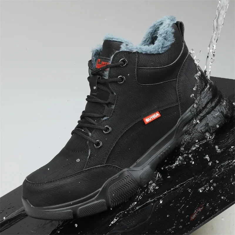 Black leather safety work boot with blue plush lining, lace-up front, and water splashing on the sole.