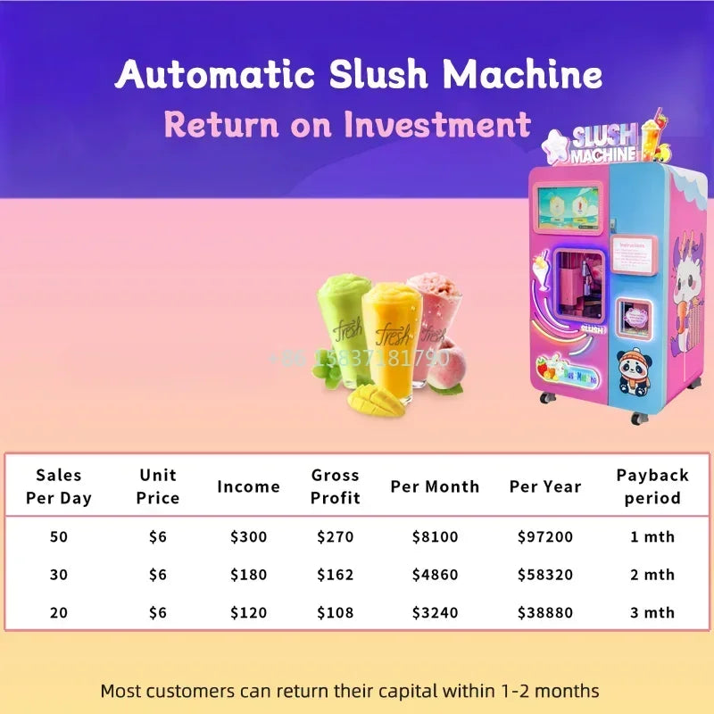 Pink and blue automatic commercial slush vending machine with a digital screen, cartoon graphics, and wheels.