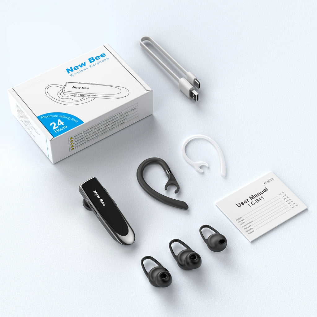 Black wireless Bluetooth headset with charging cable, ear hooks, earpieces, user manual and storage box.