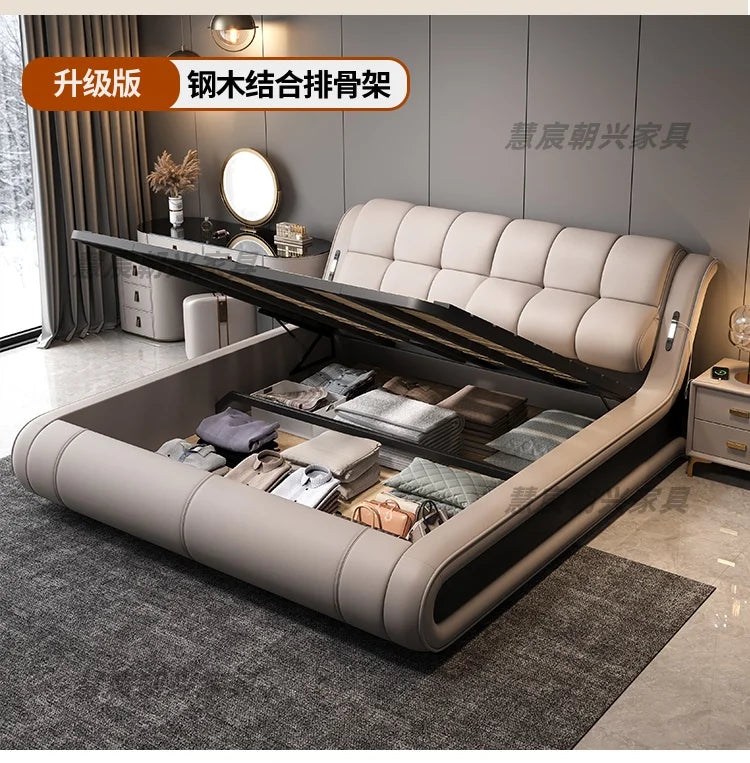 Modern beige leather ottoman bed frame with a tufted headboard and lift-up storage base for bedroom organisation.