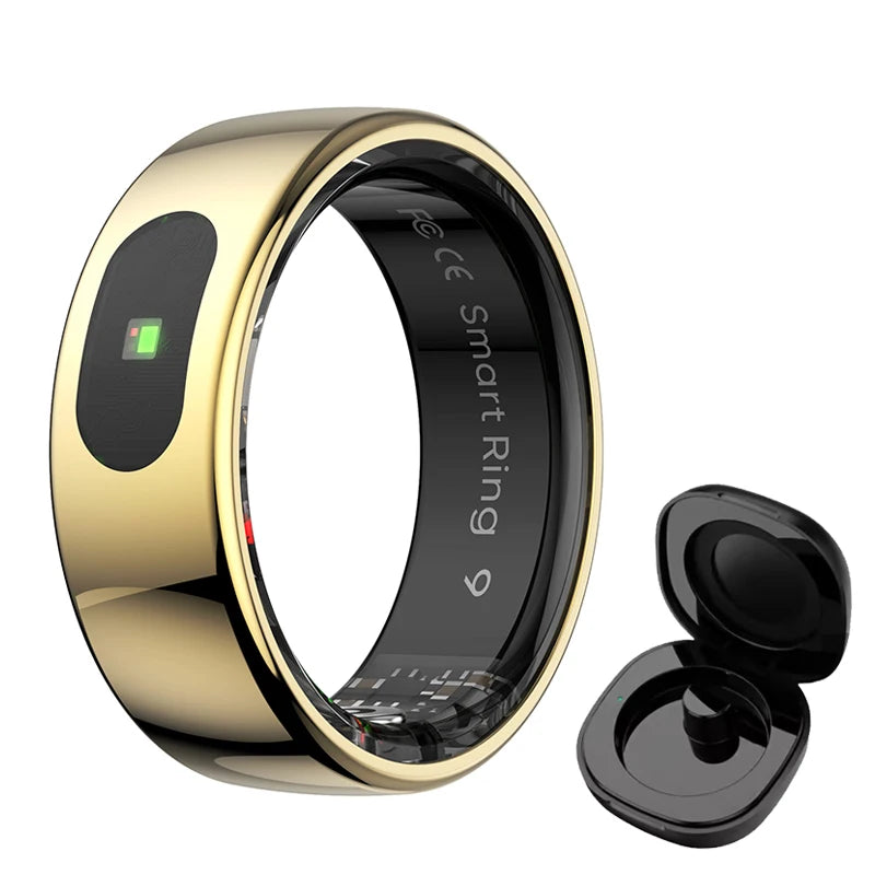 Gold smart health and sleep tracking ring with black inner band and matching wireless charging case.