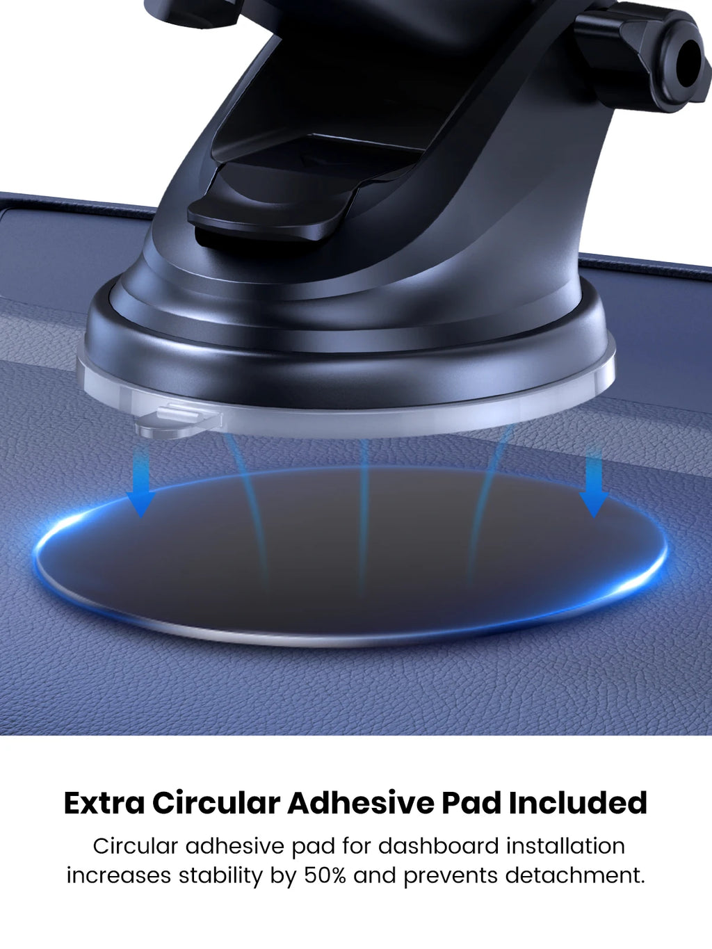 Black car phone mount suction base hovering over a circular adhesive dashboard pad for increased stability.