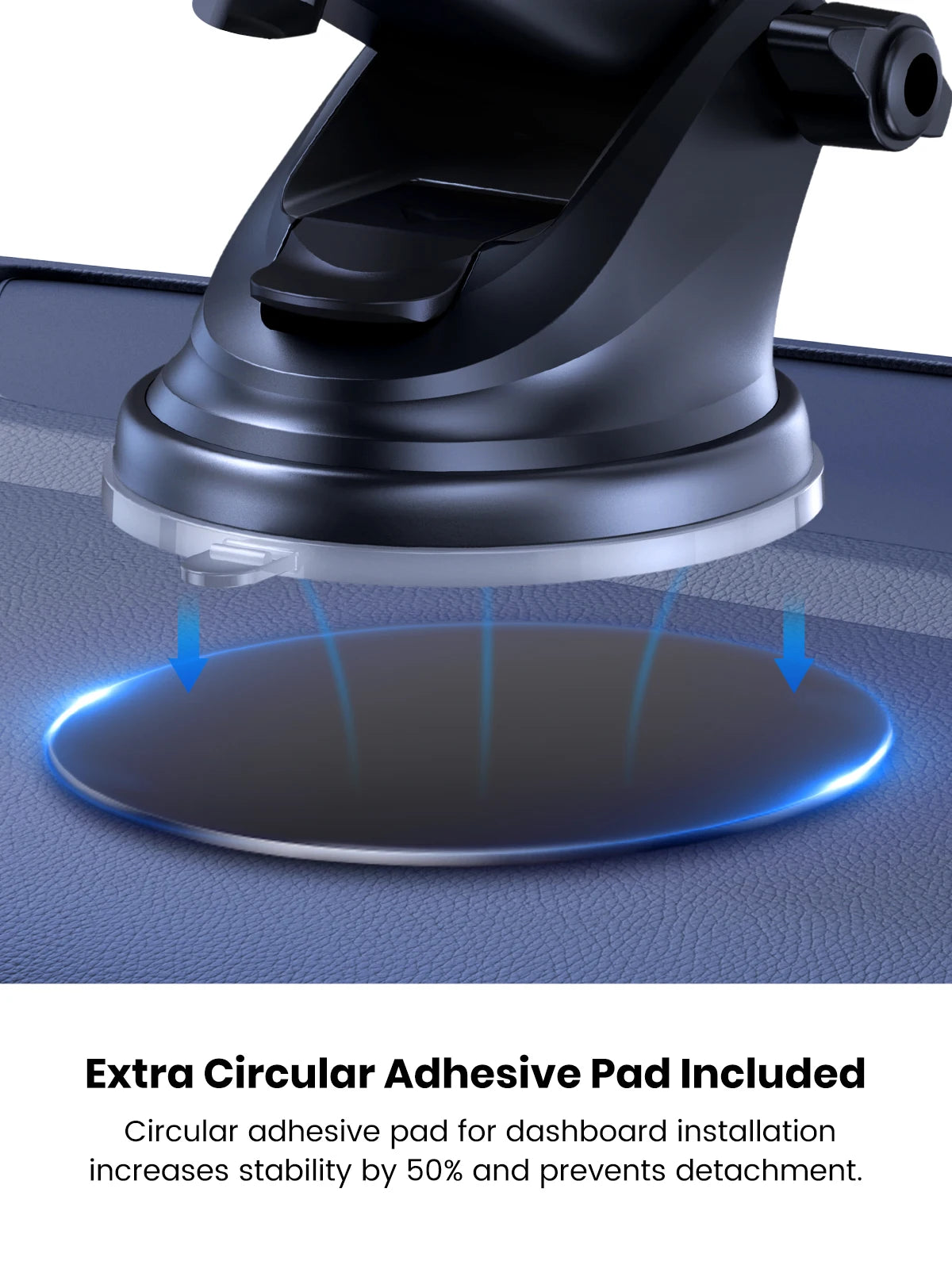 Black car phone mount suction base hovering over a circular adhesive dashboard pad for increased stability.