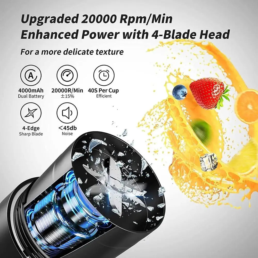 Portable black blender with 4-blade head, showing performance specs and floating fruit imagery with juice splash.