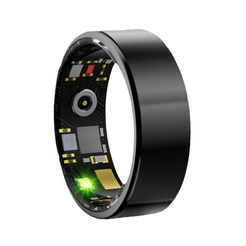 Sleek black smart fitness tracking ring, showing internal health sensors and glowing green LED monitoring technology.