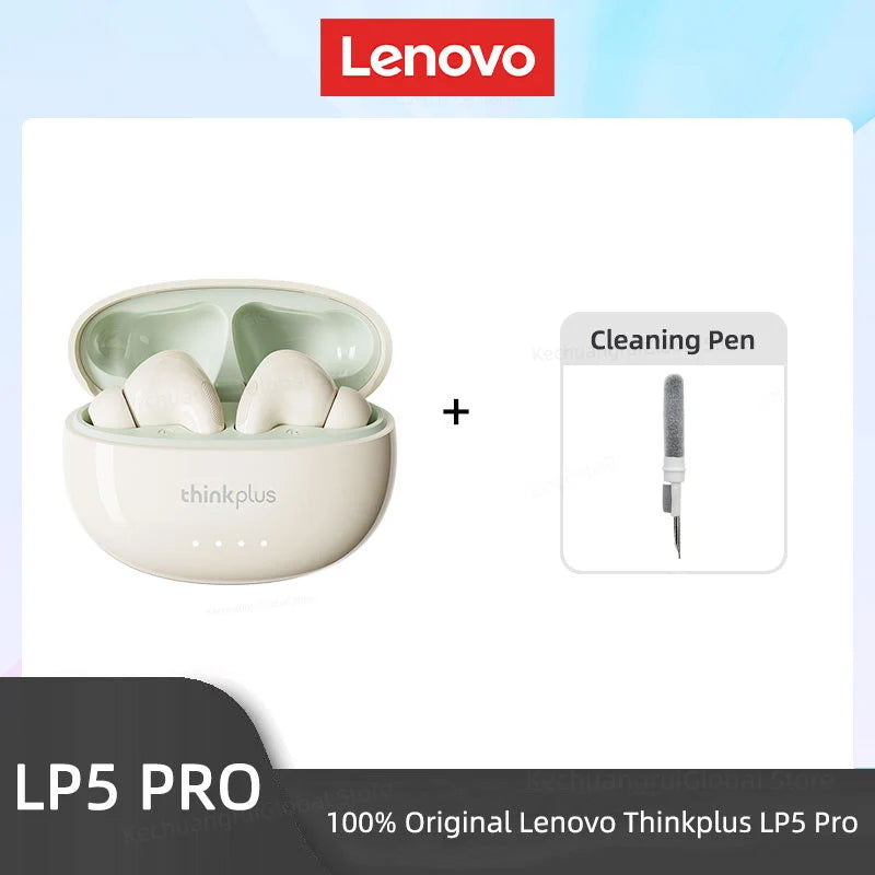 Cream wireless earbuds in a matching rounded charging case, paired with a small grey and white cleaning pen.